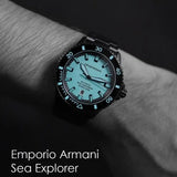 Emporio Armani Sea Explorer Turquoise Blue Dial Black Steel Strap Watch for Men - AR60084 Authentic Buy Shop Now