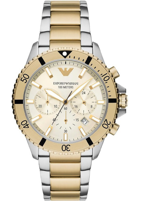 Emporio Armani World Explorer Chronograph Cream Dial Two Tone Steel Strap Watch for Men - AR11606 Authentic Buy Shop Now