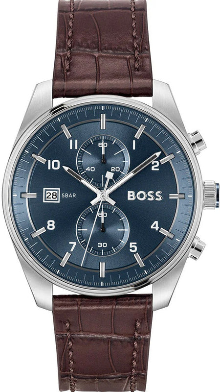 Hugo Boss Skytraveller Chronograph Blue Dial Brown Leather Strap Watch for Men - 1514194 Authentic Buy Shop Now