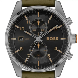 Hugo Boss Skytraveller Chronograph Black Dial Green Leather Strap Watch for Men - 1514148 Authentic Buy Shop Now