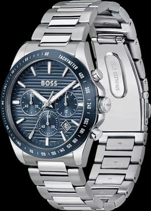 Hugo Boss Strike Chronograph Blue Dial Silver Steel Strap Watch for Men - 1514240 Authentic Buy Shop Now