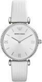 Emporio Armani Gianni T-Bar Silver Dial White Leather Strap Watch for Women - AR1680 Authentic Buy Shop Now