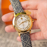 Tory Burch Classic Chronograph White Dial Grey Nylon Strap Watch for Women - TBW1035 Authentic Buy Shop Now
