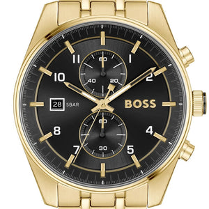 Hugo Boss Skytraveller Chronograph Black Dial Gold Steel Strap Watch for Men - 1514152 Authentic Buy Shop Now
