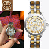 Tory Burch Classic Chronograph White Dial Two Tone Steel Strap Watch for Women - TBW1034 Authentic Buy Shop Now