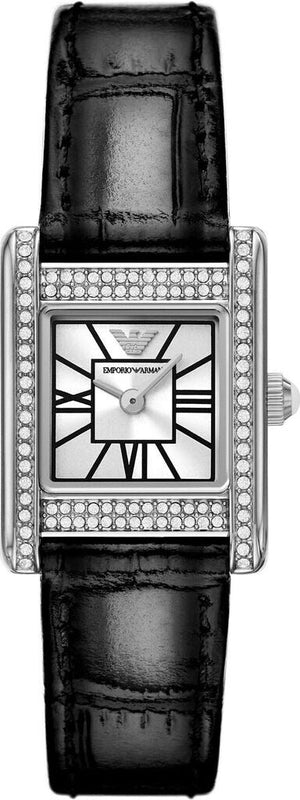 Emporio Armani Classic Crystals Silver Dial Black Leather Strap Watch for Women - AR11660 Authentic Buy Shop Now