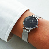 Daniel Wellington Petite Sterling Black Dial Silver Mesh Bracelet Watch For Women - DW00100218 Authentic Buy Shop Now