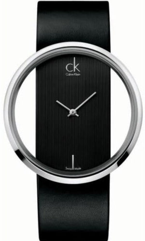 Calvin Klein Glam Transparent Dial Black Leather Strap Watch for Women - K9423107 Authentic Buy Shop Now