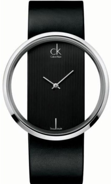 Calvin Klein Glam Transparent Dial Black Leather Strap Watch for Women - K9423107 Authentic Buy Shop Now