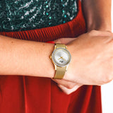 Guess Chelsea Crystals Mother of Pearl White Dial Gold Mesh Bracelet Watch For Women - W0647L7 Authentic Buy Shop Now