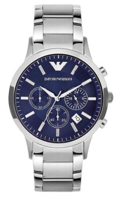 Emporio Armani Renato Chronograph Blue Dial Silver Steel Strap Watch For Men - AR2448 Authentic Buy Shop Now