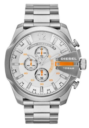 Diesel Mega Chief Chronograph White Dial Silver Steel Strap Watch For Men - DZ4328 Authentic Buy Shop Now
