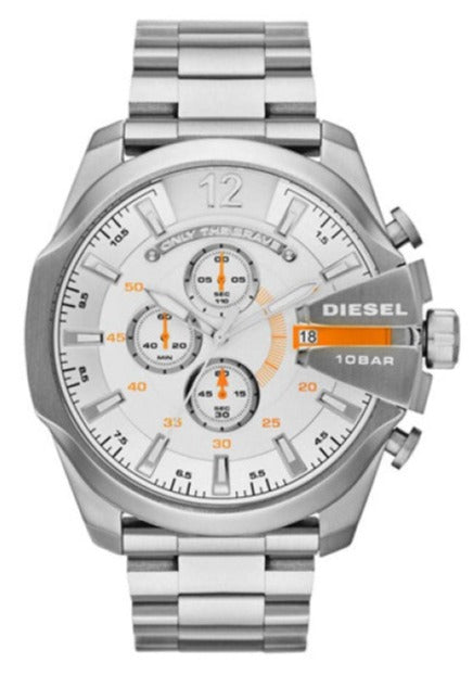 Diesel Mega Chief Chronograph White Dial Silver Steel Strap Watch For Men - DZ4328 Authentic Buy Shop Now