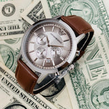 Emporio Armani Classic Chronograph Silver Dial Brown Leather Strap Watch For Men - AR2471 Authentic Buy Shop Now