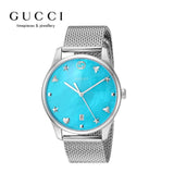 Gucci G-Timeless Turquoise Mother of Pearl Dial Silver Mesh Bracelet Watch For Women - YA126582 Authentic Buy Shop Now