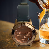 Marc Jacobs Blade Chronograph Rose Gold Dial Black Leather Strap Watch for Women - MBM1188 Authentic Buy Shop Now