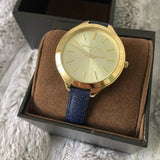 Michael Kors Runway Quartz Gold Dial Blue Leather Strap Watch For Women - MK2285 Authentic Buy Shop Now