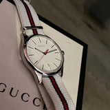 Gucci G Timeless Quartz White DIal White NATO Strap Watch For Men - YA126322 Authentic Buy Shop Now
