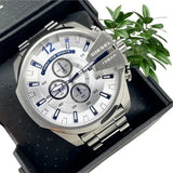 Diesel Mega Chief Chronograph White Dial Silver Steel Strap Watch For Men - DZ4477 Authentic Buy Shop Now