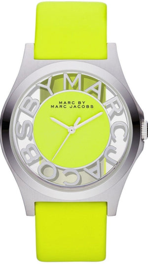 Marc Jacobs Henry Skeleton Neon Yellow Dial Yellow Leather Strap Watch for Women - MBM1242 Authentic Buy Shop Now