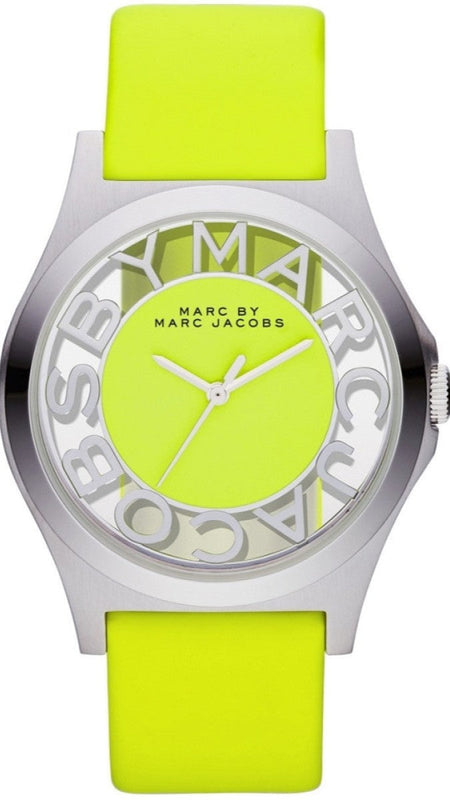 Marc Jacobs Henry Skeleton Neon Yellow Dial Yellow Leather Strap Watch for Women - MBM1242 Authentic Buy Shop Now