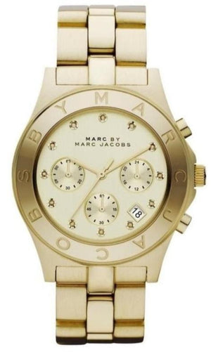 Marc Jacobs Blade Chronograph Gold Dial Gold Steel Strap Watch for Women - MBM3101 Authentic Buy Shop Now