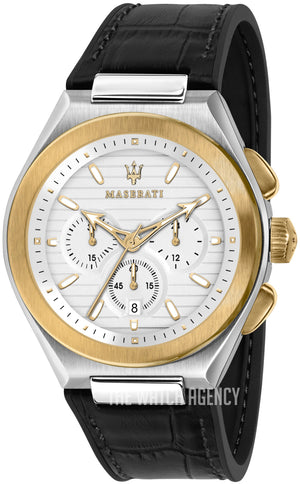 Maserati Triconic Chronograph White Dial Black Leather Strap Watch For Men - R8871639004 Authentic Buy Shop Now