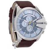 Diesel Mega Chief Chronograph Blue Dial Brown Leather Strap Watch For Men - DZ4281 Authentic Buy Shop Now