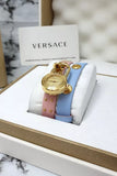 Versace Medusa Lock Icon Quartz Gold Dial Pink & Blue Leather Strap Watch For Women - VEDW00219 Authentic Buy Shop Now