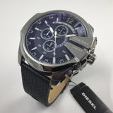 Diesel Mega Chief Chronograph Blue Dial Black Leather Strap Watch For Men - DZ4423 Authentic Buy Shop Now