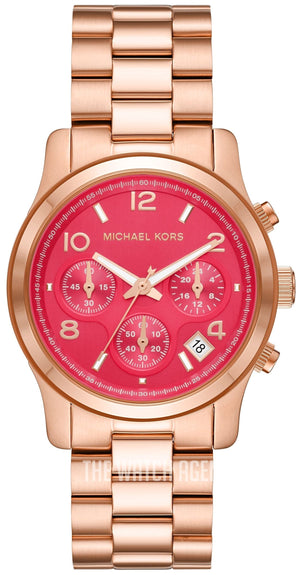 Michael Kors Runway Chronograph Pink Dial Rose Gold Steel Strap Watch For Women - MK7352 Authentic Buy Shop Now