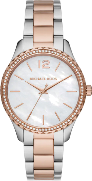 Michael Kors Layton Three Hand Mother of Pearl White Dial Two Tone Steel Strap Watch For Women - MK6849 Authentic Buy Shop Now