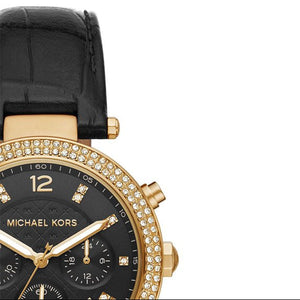 Michael Kors Parker Chronograph Black Dial Black Leather Strap Watch For Women - MK6984 Authentic Buy Shop Now