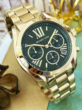 Michael Kors Bradshaw Chronograph Green Dial Gold Steel Strap Watch For Women - MK7257 Authentic Buy Shop Now