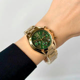 Michael Kors Bradshaw Chronograph Green Dial Gold Steel Strap Watch For Women - MK7257 Authentic Buy Shop Now