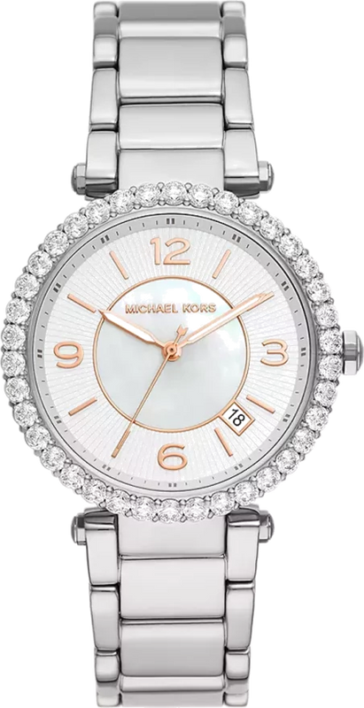 Michael Kors Parker Three Hand Mother of Pearl White Dial Silver Steel Strap Watch For Women - MK4694 Authentic Buy Shop Now