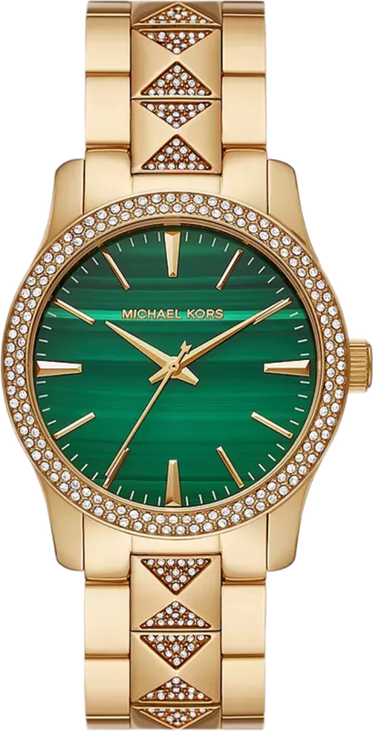 Michael Kors Runway Three Hand Green Dial Gold Steel Strap Watch For Women - MK7390 Authentic Buy Shop Now
