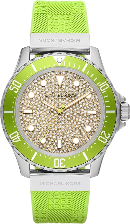 Michael Kors Everest Three Hand Crystals Silver Dial Green Silicone Strap Watch For Women - MK7360 Authentic Buy Shop Now