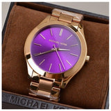 Michael Kors Slim Runway Purple Dial Rose Gold Steel Strap Watch for Women - MK3293 Authentic Buy Shop Now