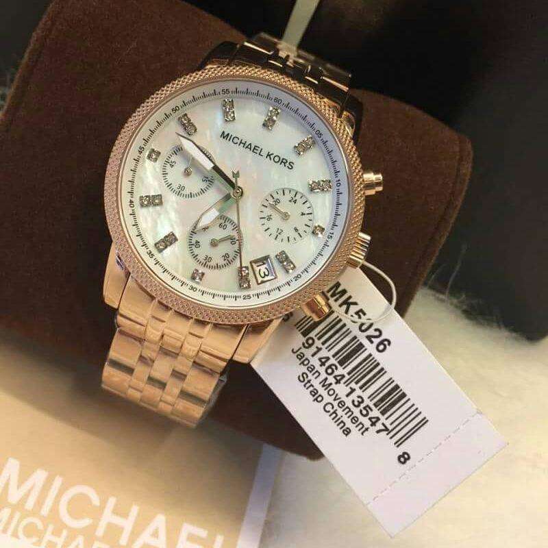 Michael Kors Damen White Dial Rose Gold Steel Strap Watch for Women - MK5026 Authentic Buy Shop Now