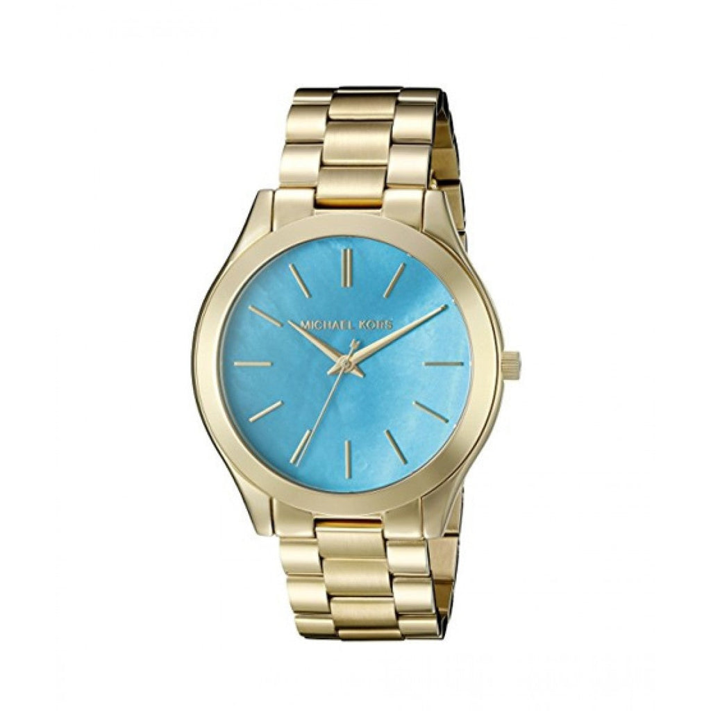 Michael Kors Slim Runway Blue Mother of Pearl Dial Gold Steel Strap Watch for Women - MK3492 Authentic Buy Shop Now