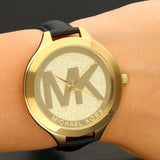 Michael Kors Slim Runway Quartz Gold Dial Black Leather Strap Watch For Women - MK2392 Authentic Buy Shop Now