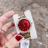Michael Kors Darci Quartz Mother of Pearl Red Dial Gold Steel Strap Watch For Women - MK3583 Authentic Buy Shop Now