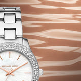 Michael Kors Liliane Three Hand Mother of Pearl White Dial Silver Steel Strap Watch For Women - MK4556 Authentic Buy Shop Now