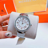Michael Kors Parker Three Hand Mother of Pearl White Dial Silver Steel Strap Watch For Women - MK4694 Authentic Buy Shop Now