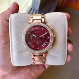Michael Kors Parker Chronograph Red Dial Rose Gold Steel Strap Watch For Women - MK6106 Authentic Buy Shop Now
