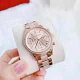 Michael Kors Ritz Chronograph Rose Gold Dial Rose Gold Steel Strap Watch For Women - MK6598 Authentic Buy Shop Now