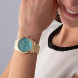 Michael Kors Lexington Chronograph Blue Dial Gold Steel Strap Watch For Women - MK7216 Authentic Buy Shop Now