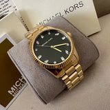 Michael Kors Lexington Three Hand Green Dial Gold Steel Strap Watch For Women - MK7449 Authentic Buy Shop Now