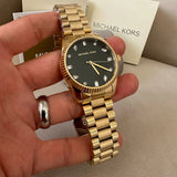 Michael Kors Lexington Three Hand Green Dial Gold Steel Strap Watch For Women - MK7449 Authentic Buy Shop Now